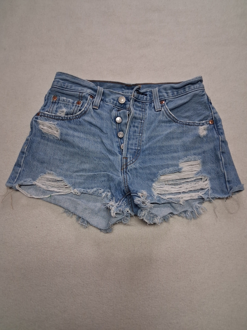 501 Levi's Light Blue Distressed Button-Front Jean Shorts